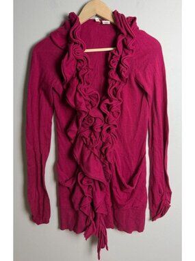 Anthropologie Moth Ruffle Cardigan Magenta Cotton Cashmere Sweater Size XS Wm’s
